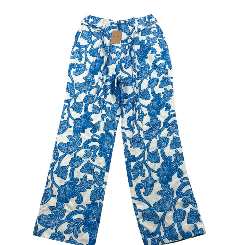 Boden Wide Leg Pants Women US 8 Blue White Floral Paisley Linen Tie Waist NWT